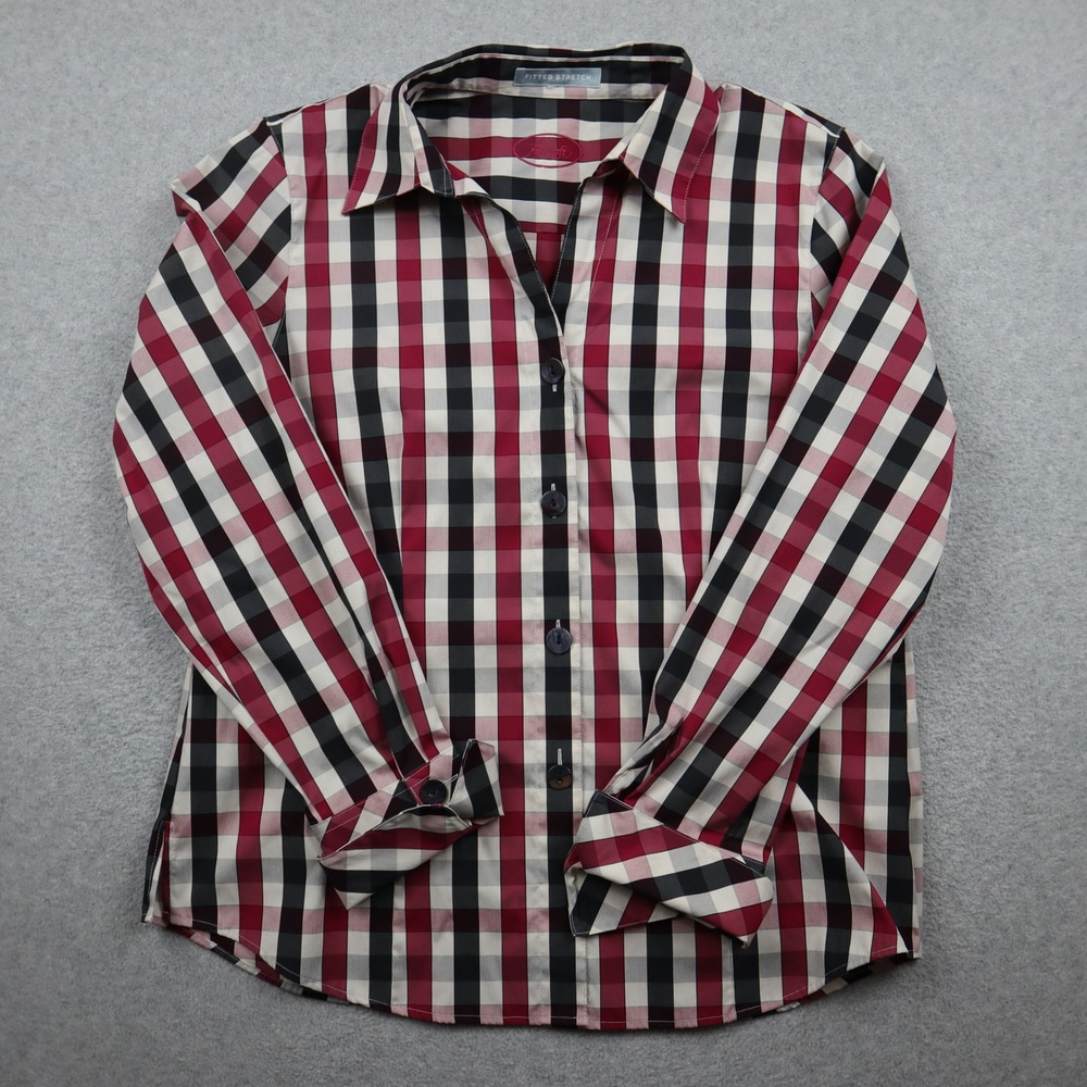 Foxcroft Button Down Shirt Womens 10 Fitted Stretch Red Black White Check Plaid